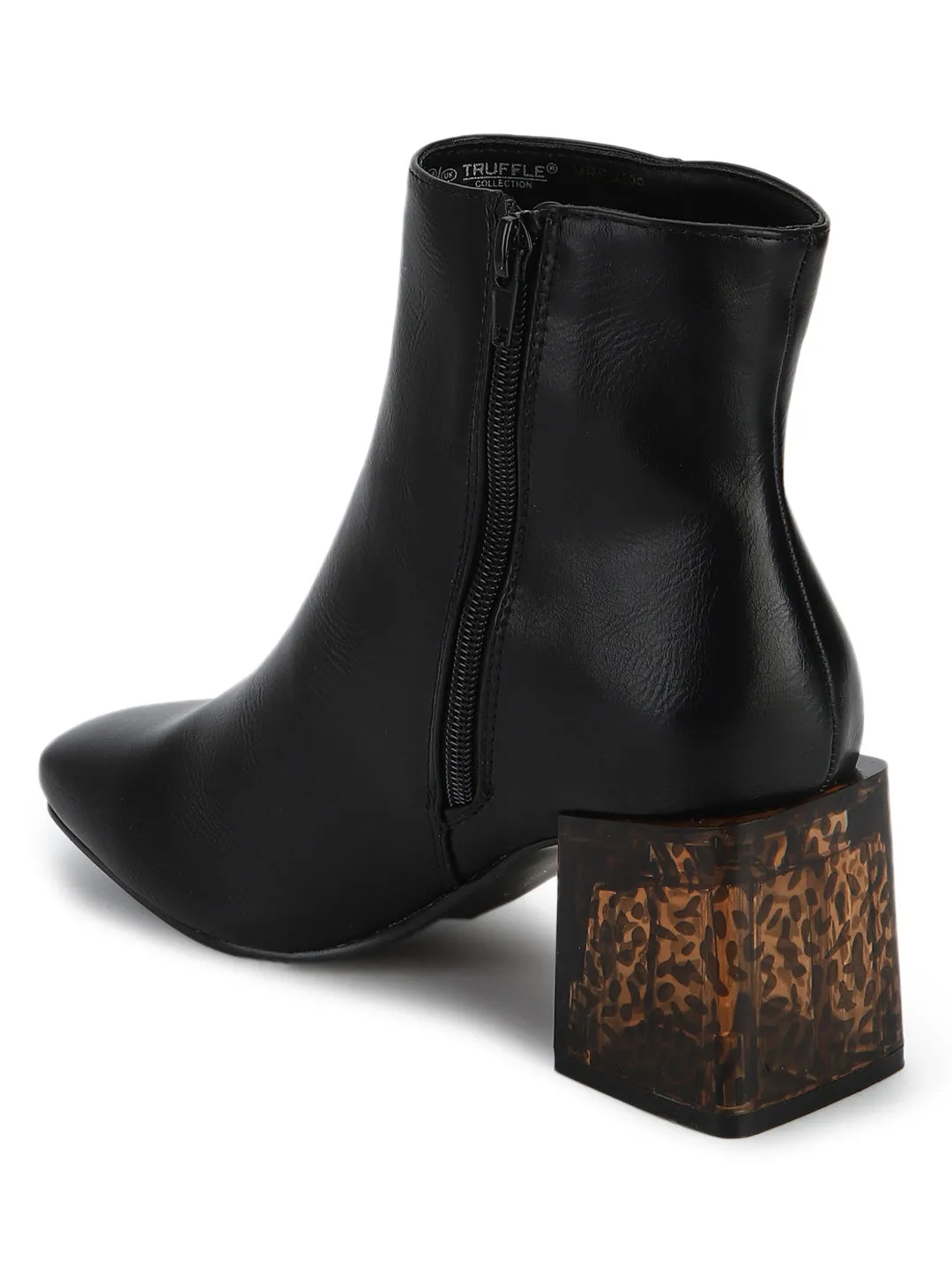 Black PU Patterned Block Heel Ankle Boots