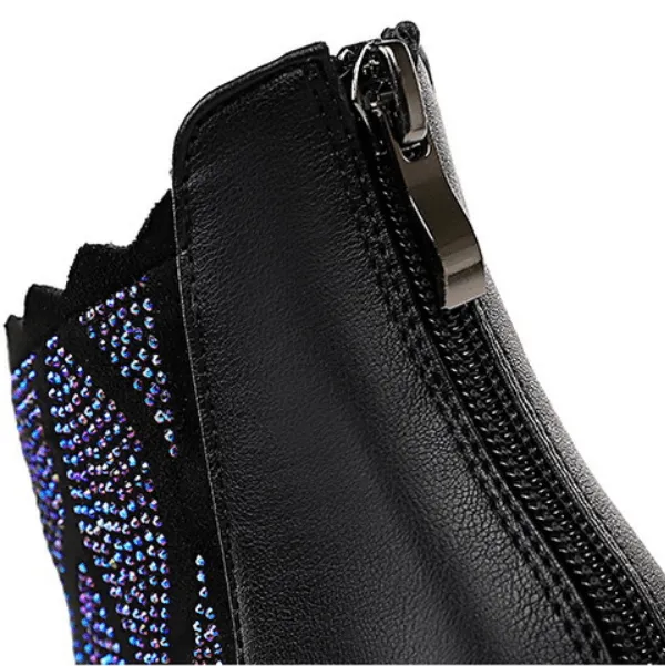 Black Rhinestone Point Toe Zipper High Heel Ankle Boots