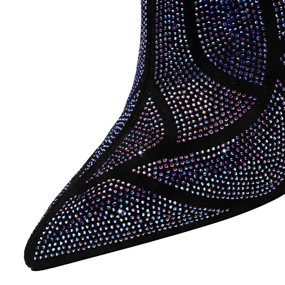 Black Rhinestone Point Toe Zipper High Heel Ankle Boots