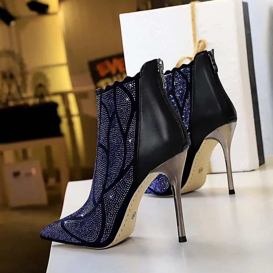 Black Rhinestone Point Toe Zipper High Heel Ankle Boots