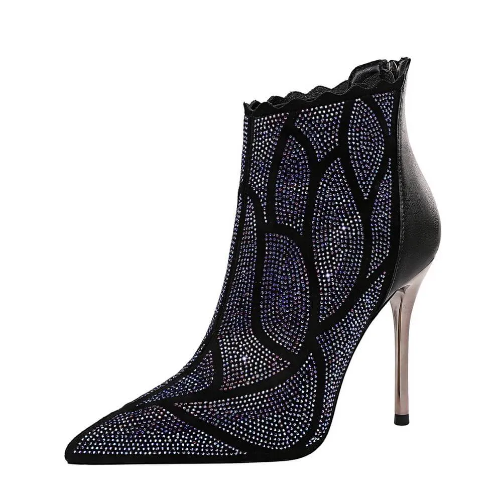 Black Rhinestone Point Toe Zipper High Heel Ankle Boots