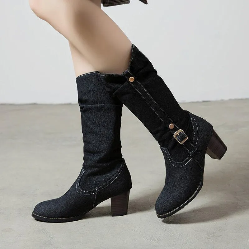Fabric Low Chunky Heel Mid Calf Boots