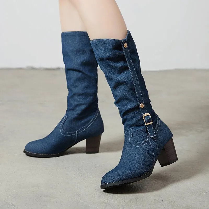 Fabric Low Chunky Heel Mid Calf Boots