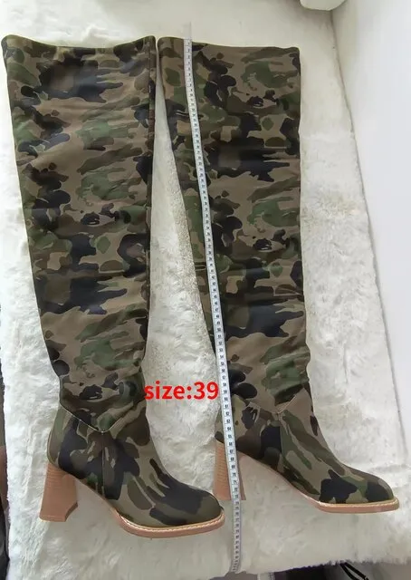 Fashion Over the Knee Boots for Women – New High-Quality Denim Camouflage, Round Toe High Heels, Modern Long Leg Boots