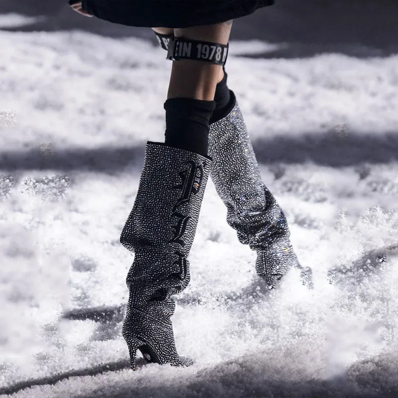 Fashion Rhinestone Letter Print Knee High Boots