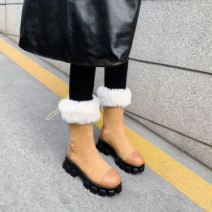 Fur Platform Lace Up Leather Calf Boots