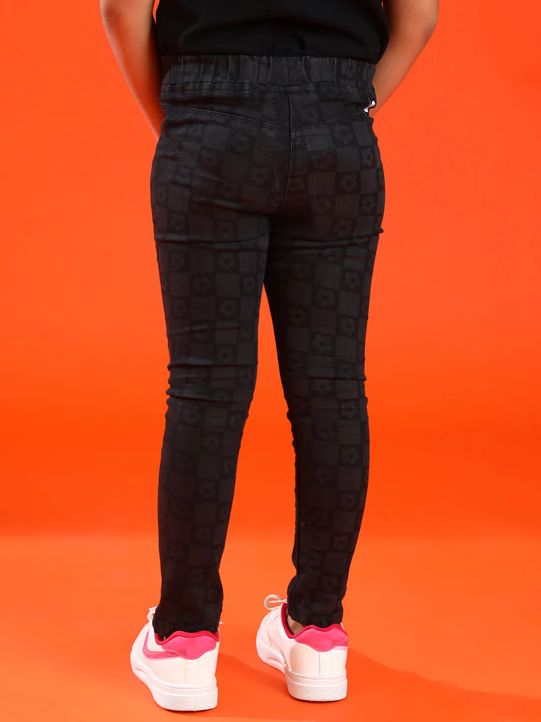 Girls Black Slim Fit Lycra Printed Jegging