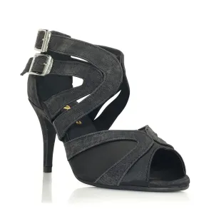 Isabel - Black Denim Open Toe Cross Strap Stiletto Latin Dance Shoes (Street Sole)
