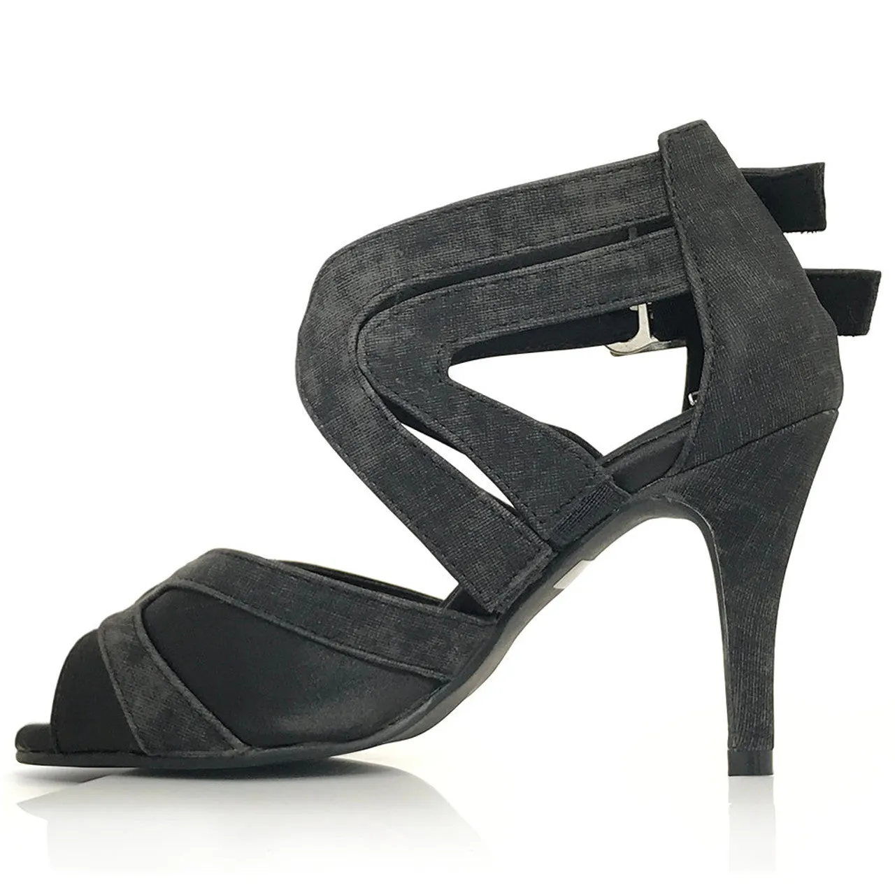 Isabel - Black Denim Open Toe Cross Strap Stiletto Latin Dance Shoes (Street Sole)