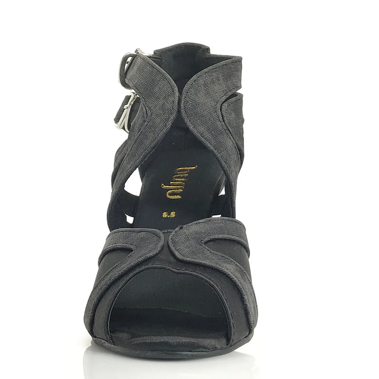 Isabel - Black Denim Open Toe Cross Strap Stiletto Latin Dance Shoes (Street Sole)