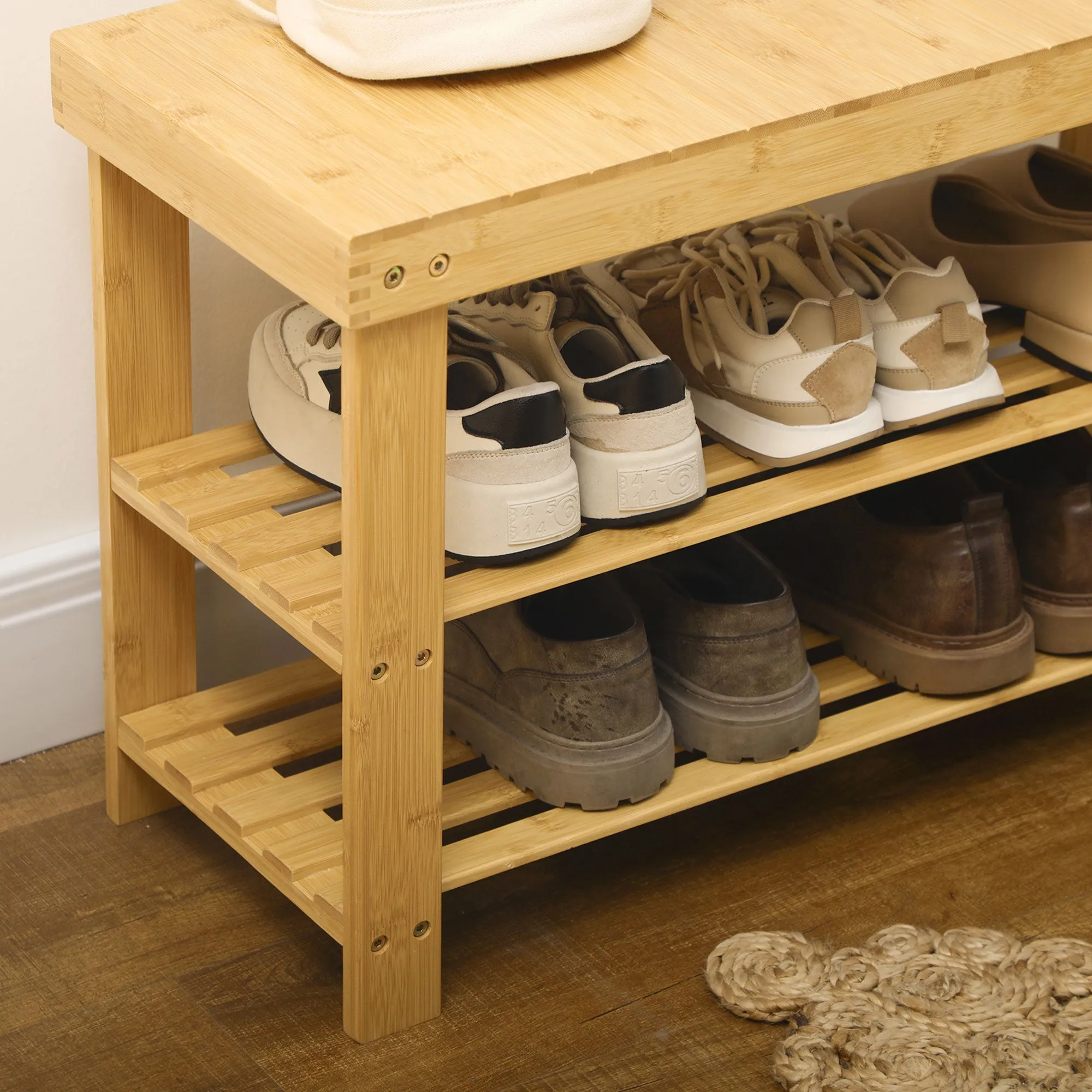 Low Bamboo Shoe Rack Bench with 2 Slatted Shelves and Seat, 70x28x45 cm, Natural