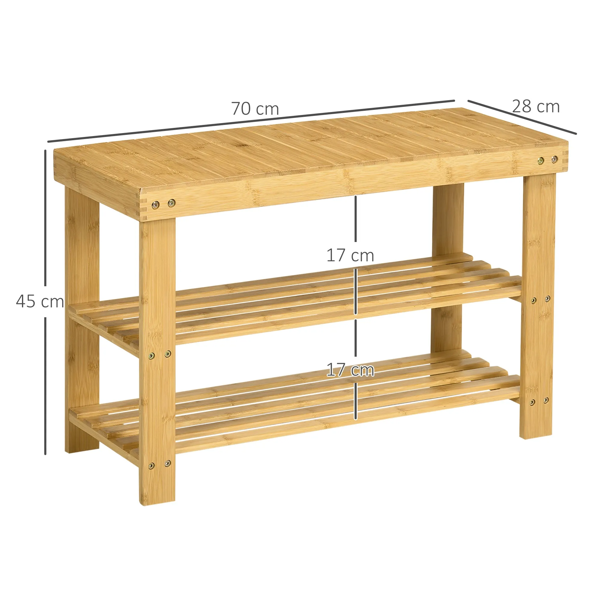 Low Bamboo Shoe Rack Bench with 2 Slatted Shelves and Seat, 70x28x45 cm, Natural