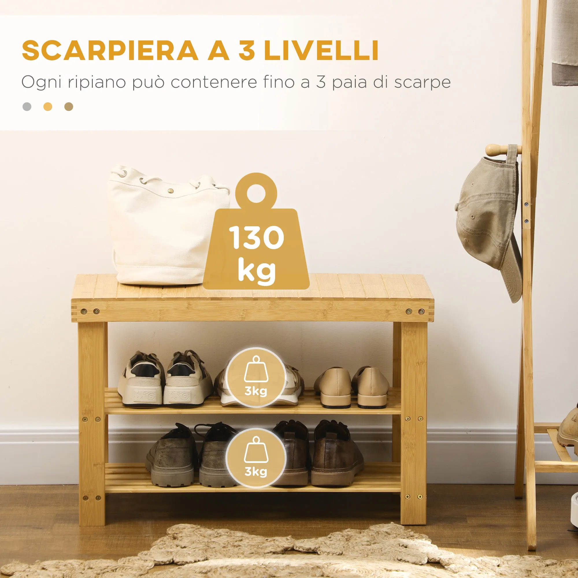 Low Bamboo Shoe Rack Bench with 2 Slatted Shelves and Seat, 70x28x45 cm, Natural