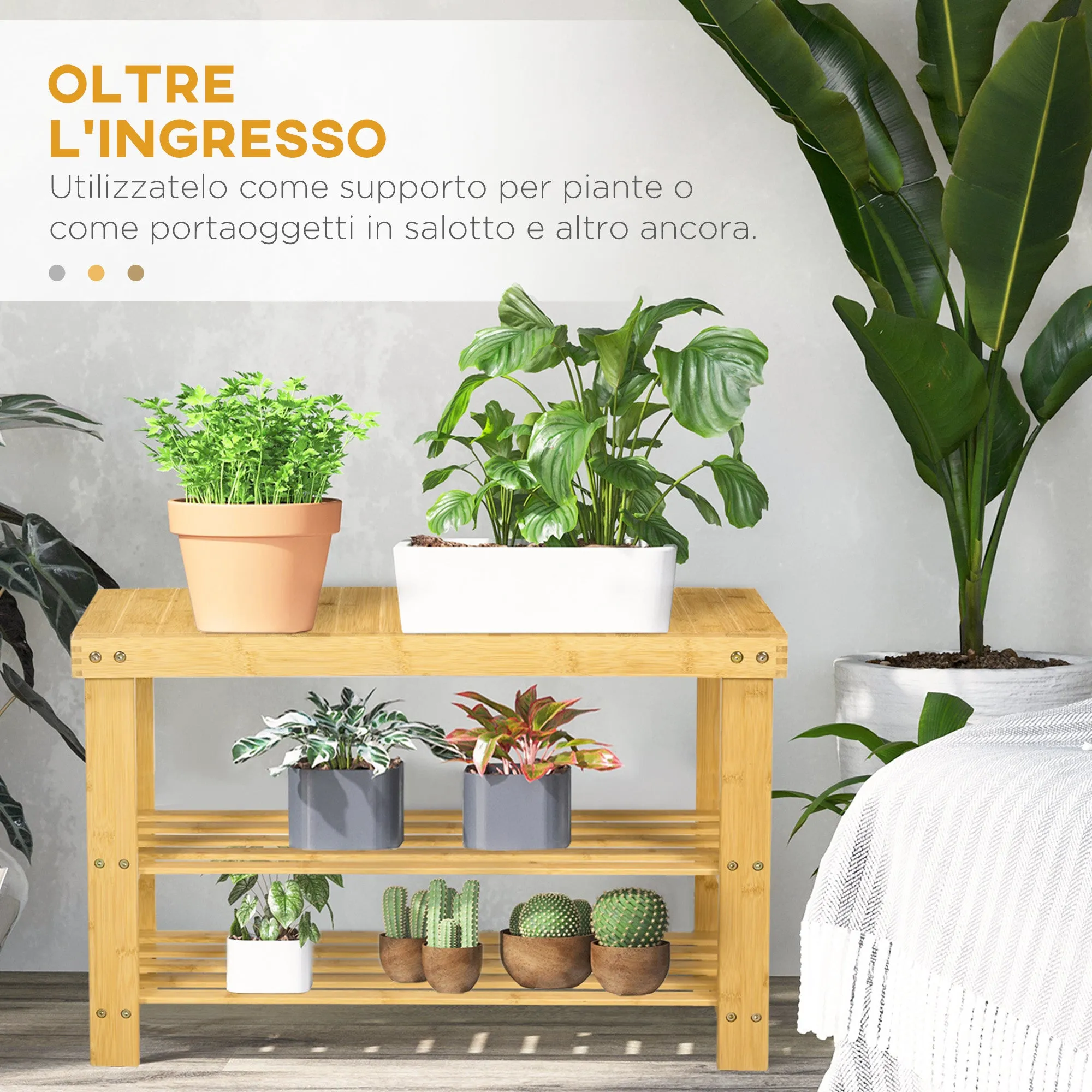 Low Bamboo Shoe Rack Bench with 2 Slatted Shelves and Seat, 70x28x45 cm, Natural