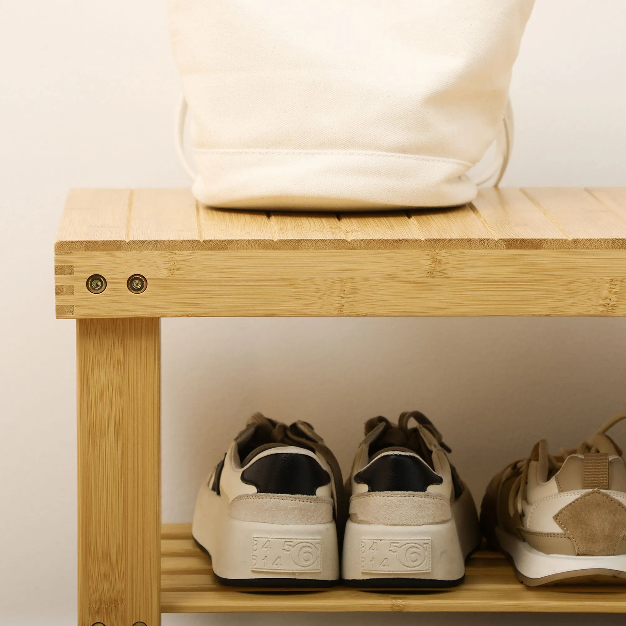 Low Bamboo Shoe Rack Bench with 2 Slatted Shelves and Seat, 70x28x45 cm, Natural