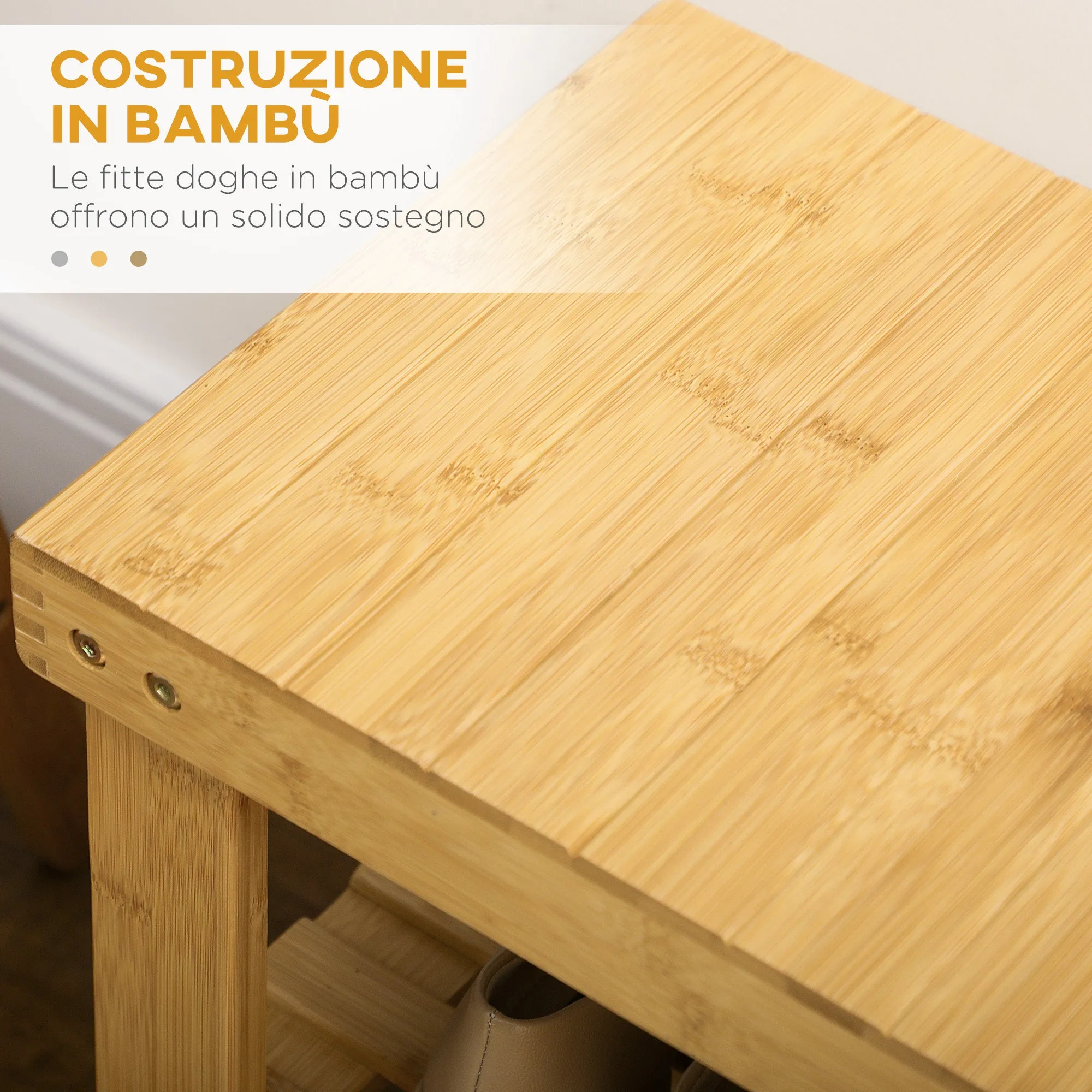 Low Bamboo Shoe Rack Bench with 2 Slatted Shelves and Seat, 70x28x45 cm, Natural