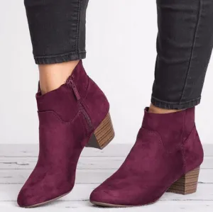 Low Chunky Heel Suede Round Toe Ankle Boots