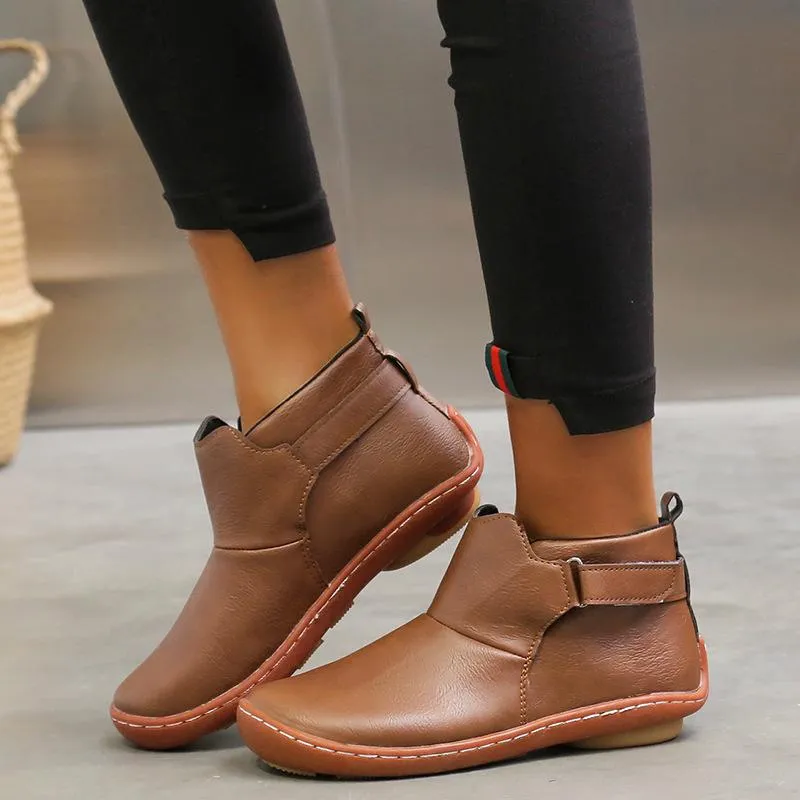 Low Heel Leather Round Toe Ankle Boots