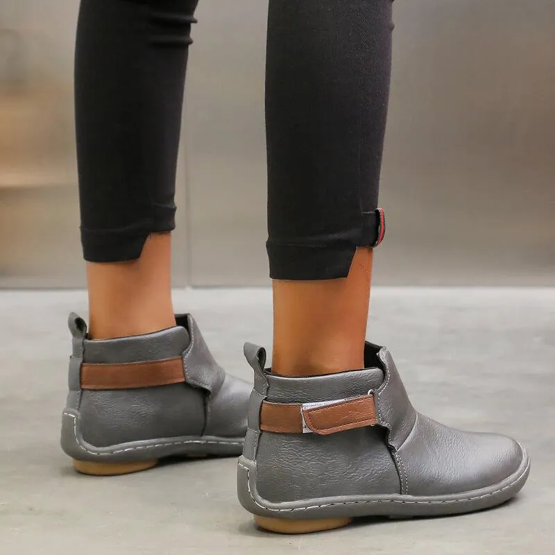Low Heel Leather Round Toe Ankle Boots