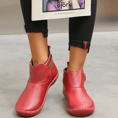 Low Heel Leather Round Toe Ankle Boots