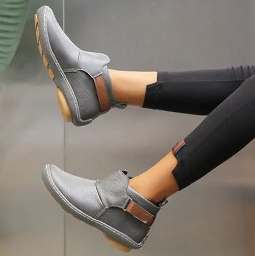 Low Heel Leather Round Toe Ankle Boots