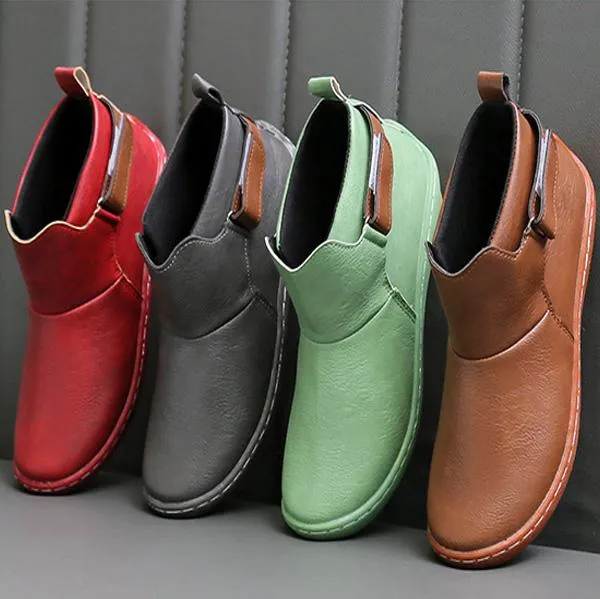 Low Heel Leather Round Toe Ankle Boots