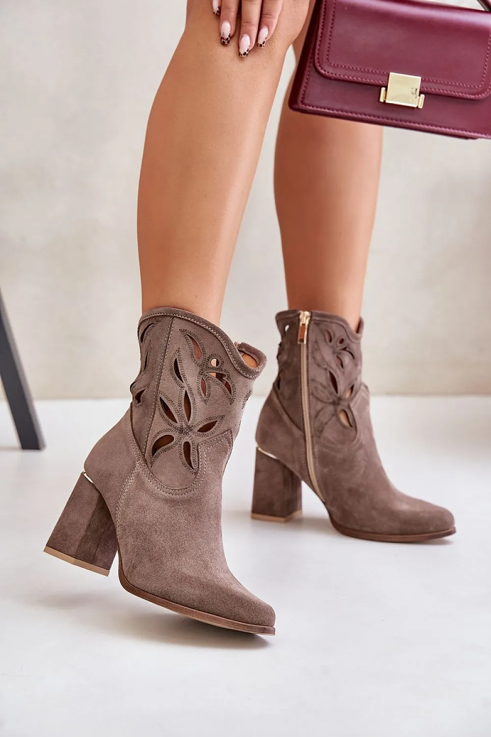 Openwork leather heeled boots