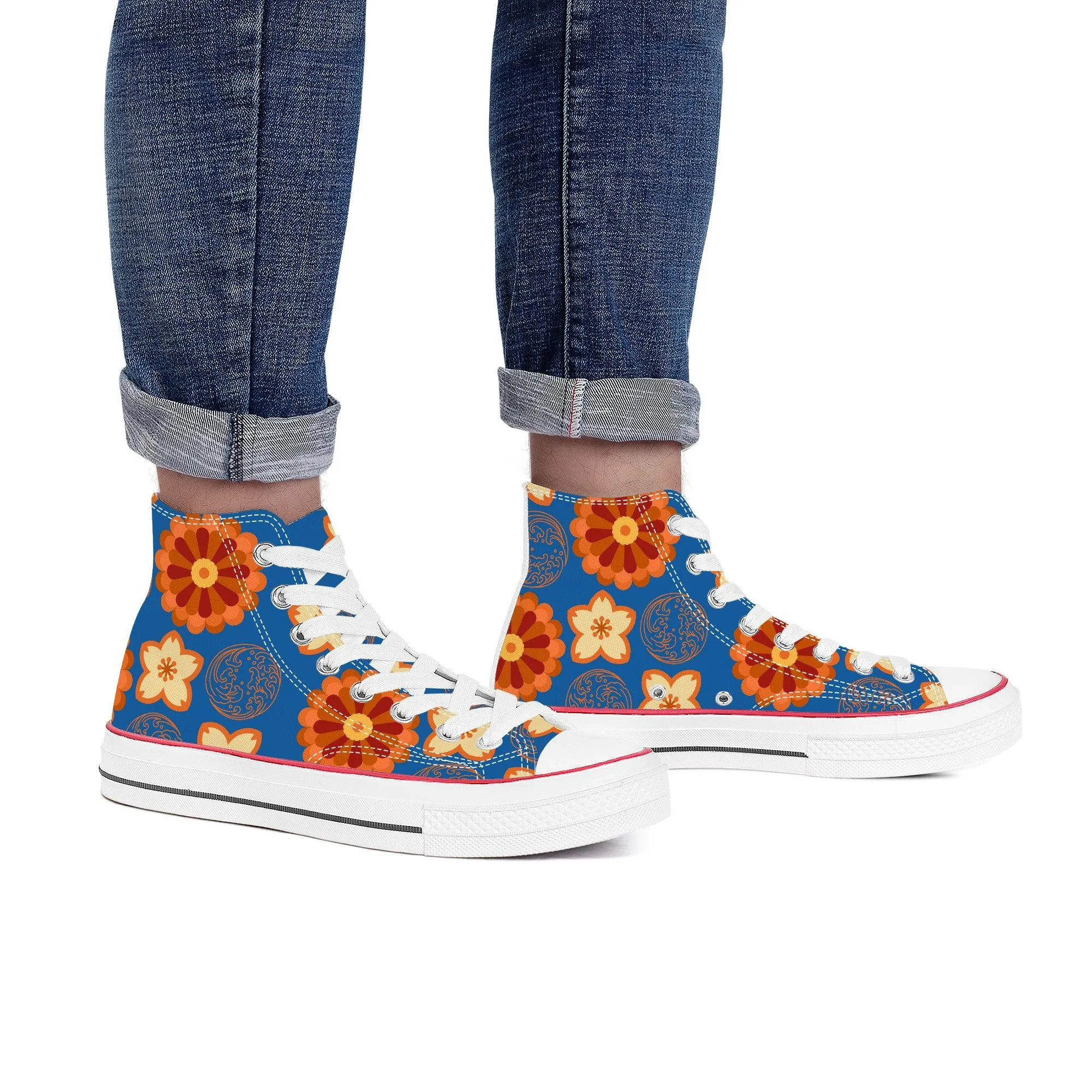 Orange Flowers & Blue Sky - High Top Canvas Shoes