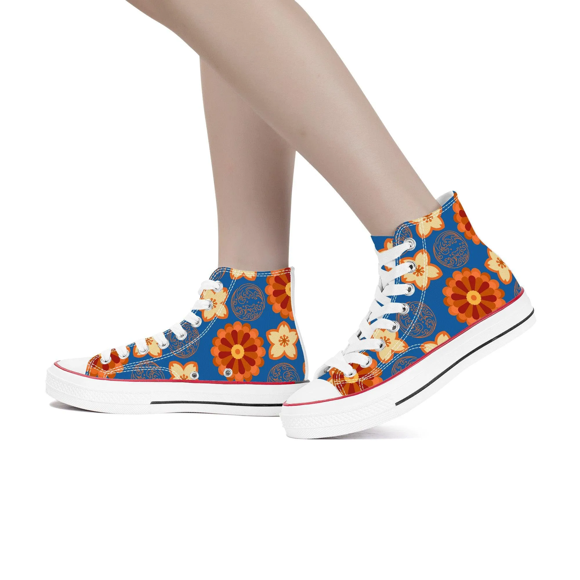 Orange Flowers & Blue Sky - High Top Canvas Shoes