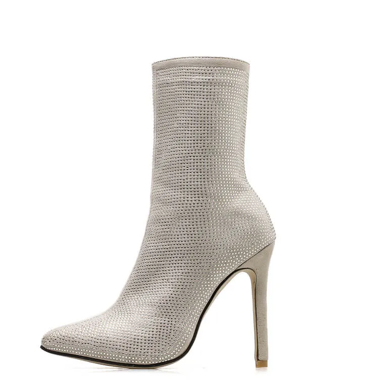 Partty Rhinestone Point Toe High Heel Zipper Calf Boots