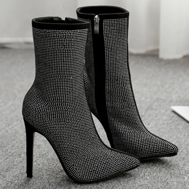 Partty Rhinestone Point Toe High Heel Zipper Calf Boots