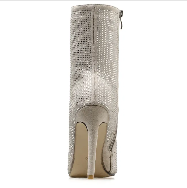 Partty Rhinestone Point Toe High Heel Zipper Calf Boots