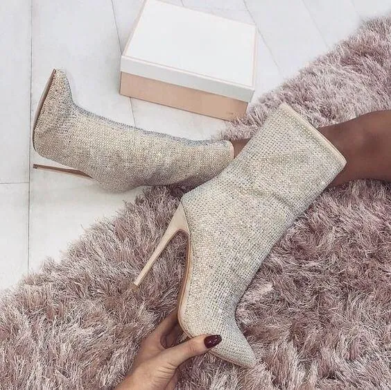 Partty Rhinestone Point Toe High Heel Zipper Calf Boots