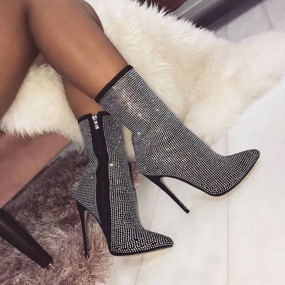 Partty Rhinestone Point Toe High Heel Zipper Calf Boots