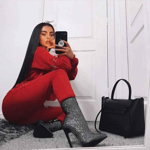 Partty Rhinestone Point Toe High Heel Zipper Calf Boots