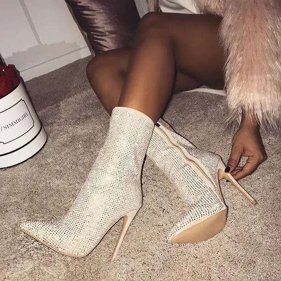 Partty Rhinestone Point Toe High Heel Zipper Calf Boots