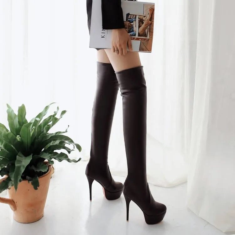 PU Plain Platform High Heel Thigh High Boots