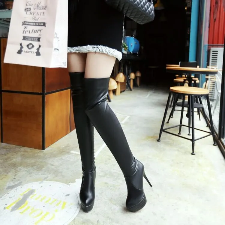 PU Plain Platform High Heel Thigh High Boots