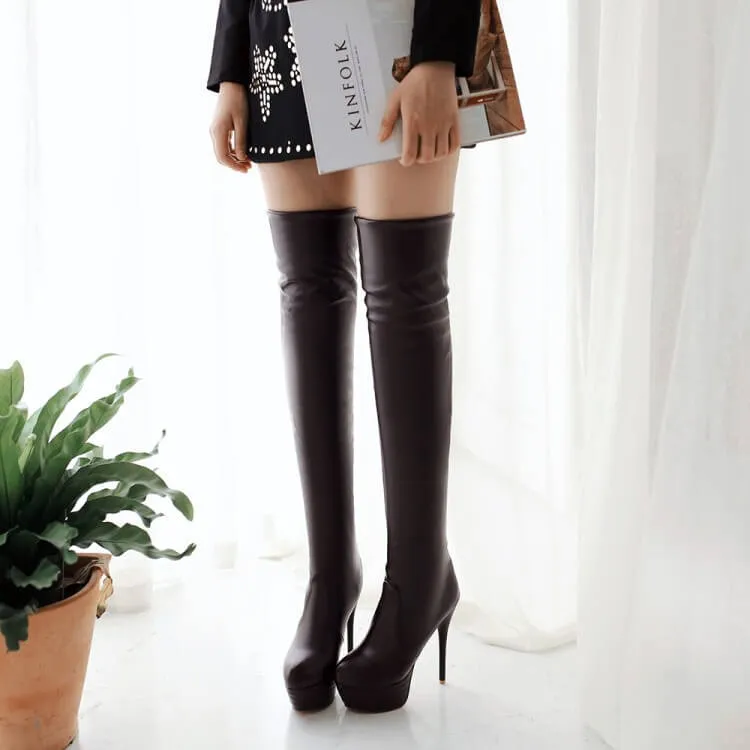 PU Plain Platform High Heel Thigh High Boots