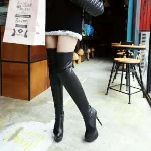 PU Plain Platform High Heel Thigh High Boots