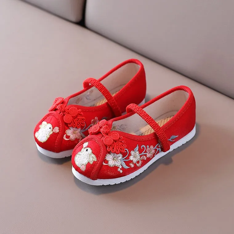 Rabbit & Floral Embroidery Traditional Girls' Chinese Shoes Dancing Shoes