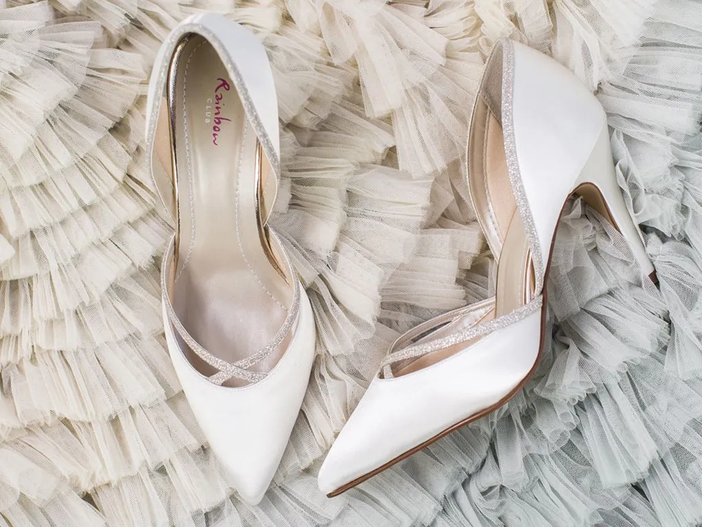 Rainbow Club Wedding Shoes, Ivory Satin with Glitter Trim, Georgia