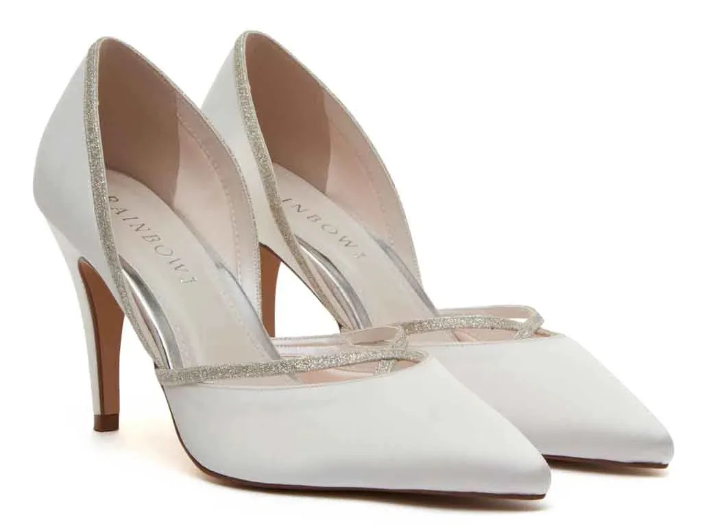 Rainbow Club Wedding Shoes, Ivory Satin with Glitter Trim, Georgia
