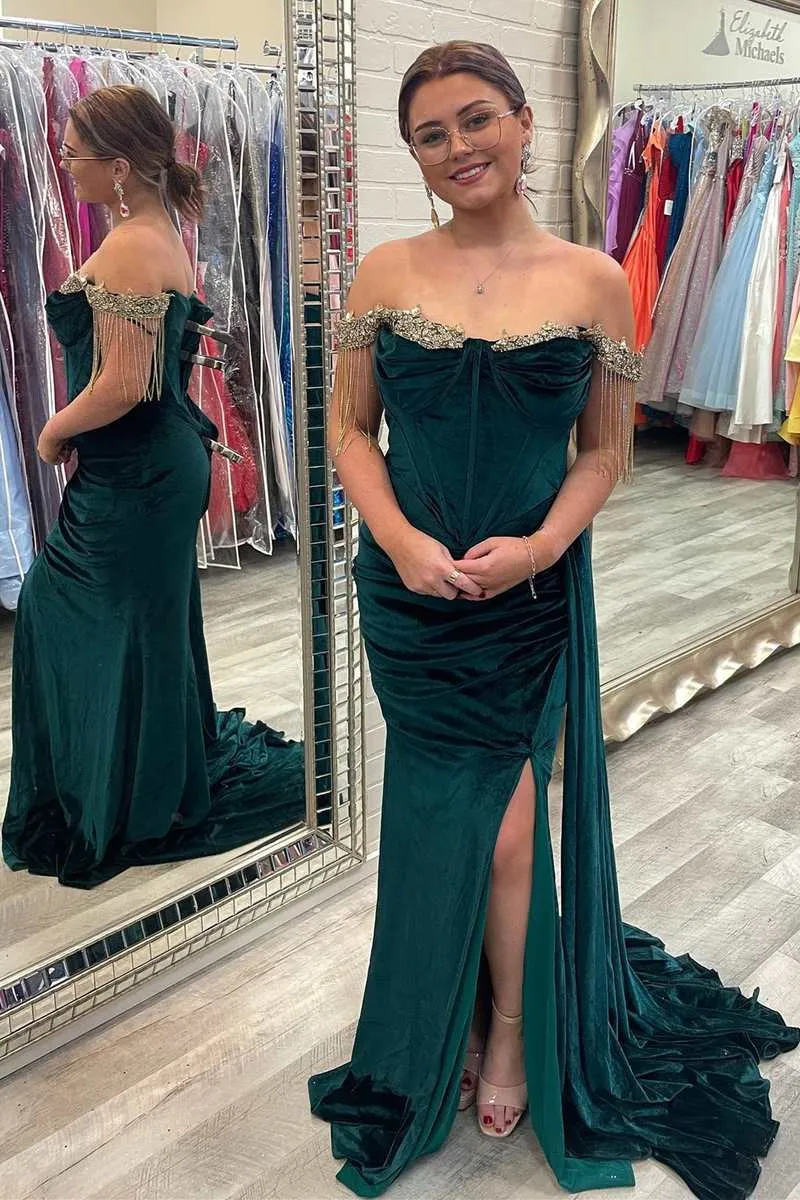 Royal Blue Velvet Rhinestones Mermaid Long Formal Dresses with Slit