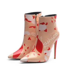 Sexy Pink Print Leather Pointed Toe High Heel Ankle Boots
