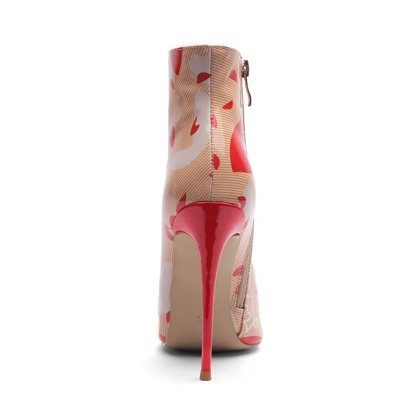 Sexy Pink Print Leather Pointed Toe High Heel Ankle Boots
