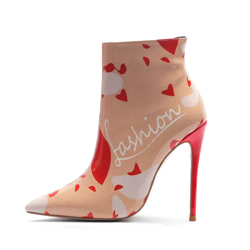 Sexy Pink Print Leather Pointed Toe High Heel Ankle Boots