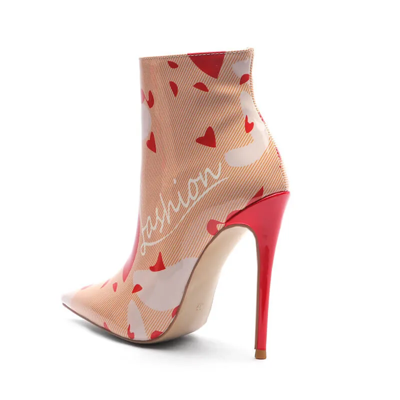 Sexy Pink Print Leather Pointed Toe High Heel Ankle Boots