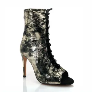 Sofiya - Gold Black Wrinkle, Open Toe Cutout Dance Booties (Street Sole)