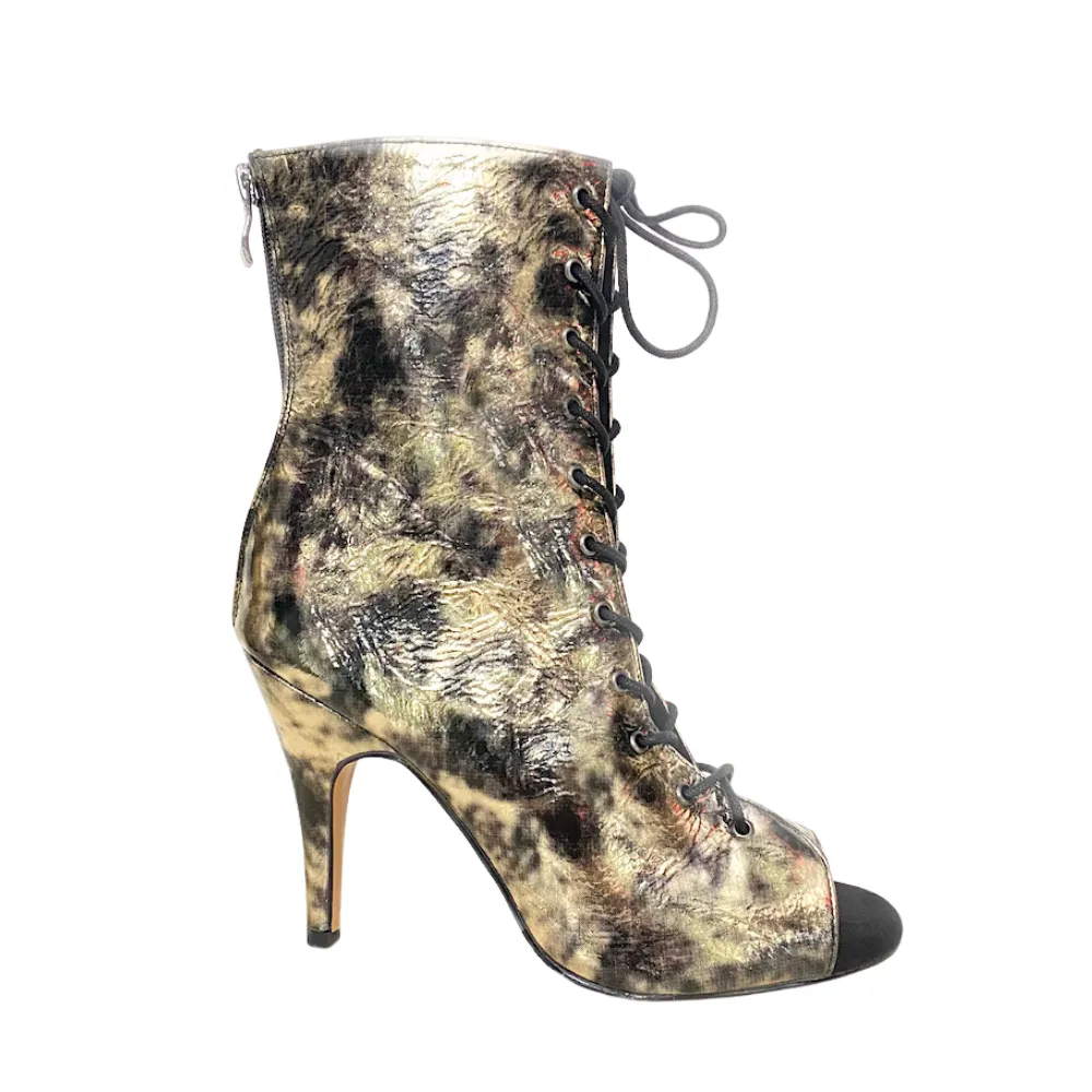 Sofiya - Gold Black Wrinkle, Open Toe Cutout Dance Booties (Street Sole)